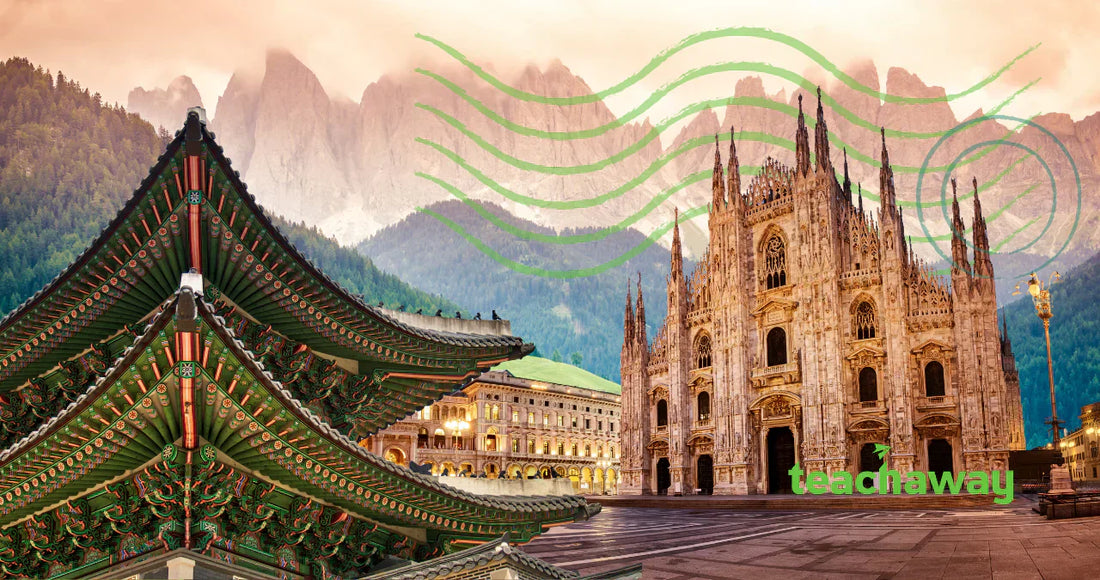 composite of landmarks in italy and asia