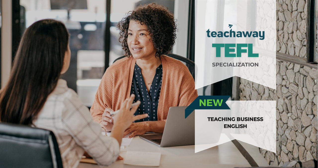 Woman in a professional setting teaching Business English to a business professional.