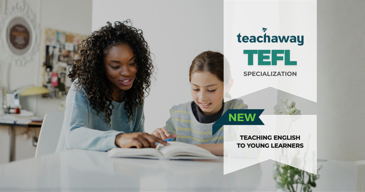 Woman and child studying together with Teachaway TEFL specialization in the corner.